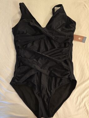 Ruched Black One-Piece Swimsuit with V-Neck
